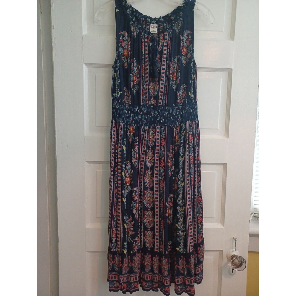 Bila navy floral sleeveless dress M tassels ruffle gauze boho hippie summer